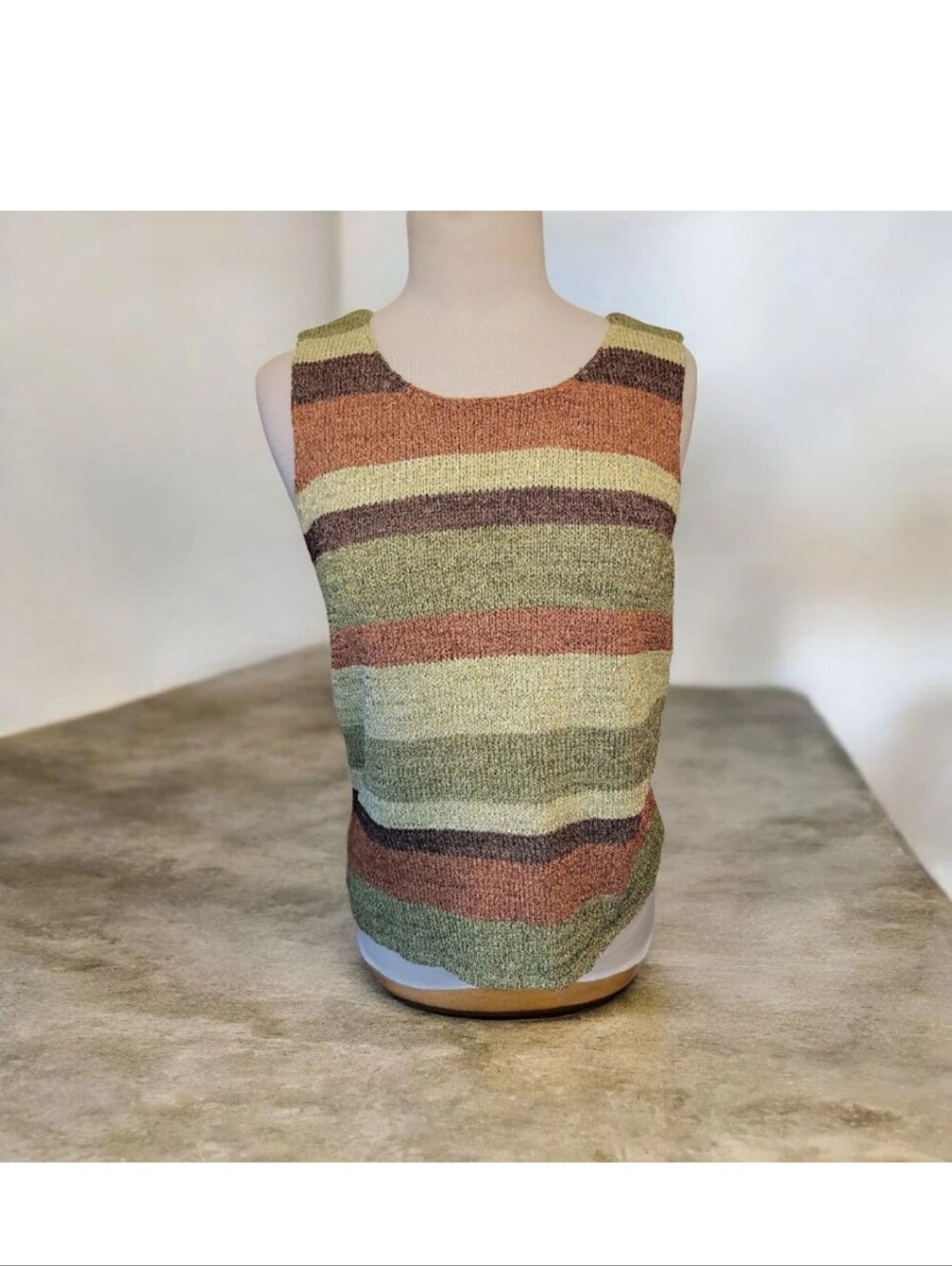 Vintage Talbots Striped Knit Sleeveless Tank Top in Olive and Rust Boho Fall